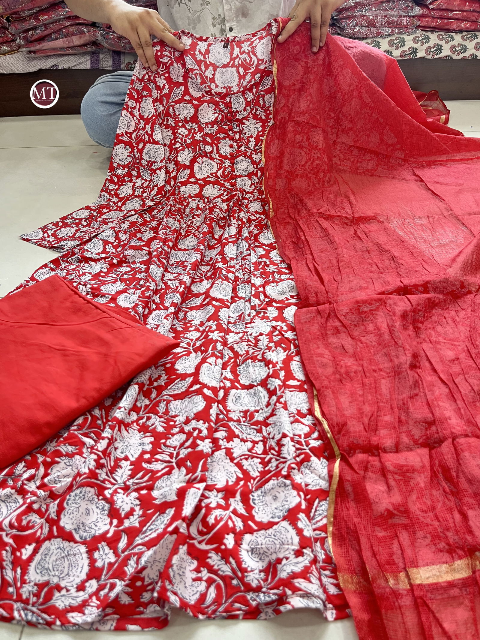 MT Red Summer Cotton Kurti With Bottom Dupatta Wholesale Shop In Surat
